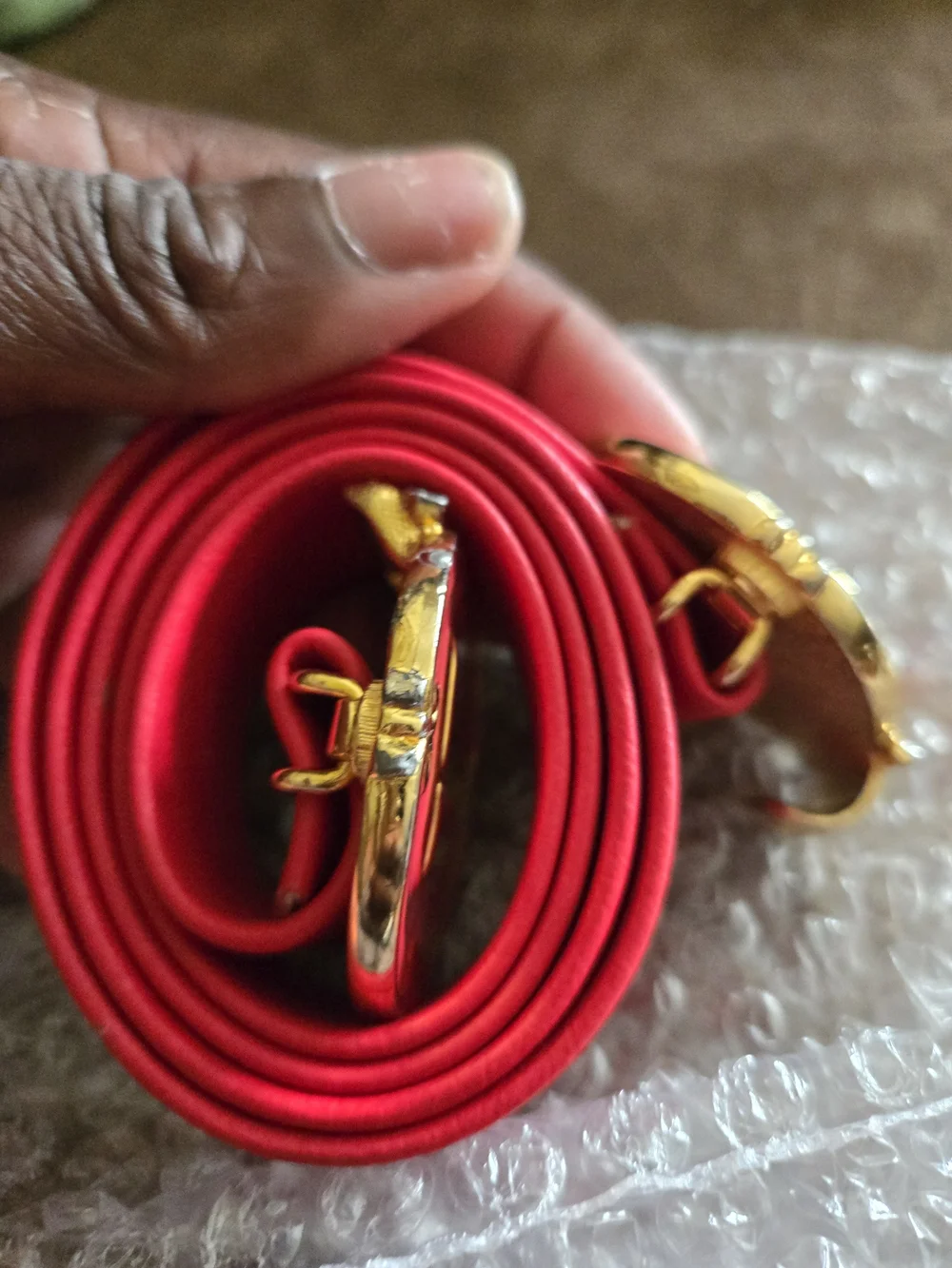 Luxury Red Leather Belt with Gold Nautical BuckleDouglas Paquette